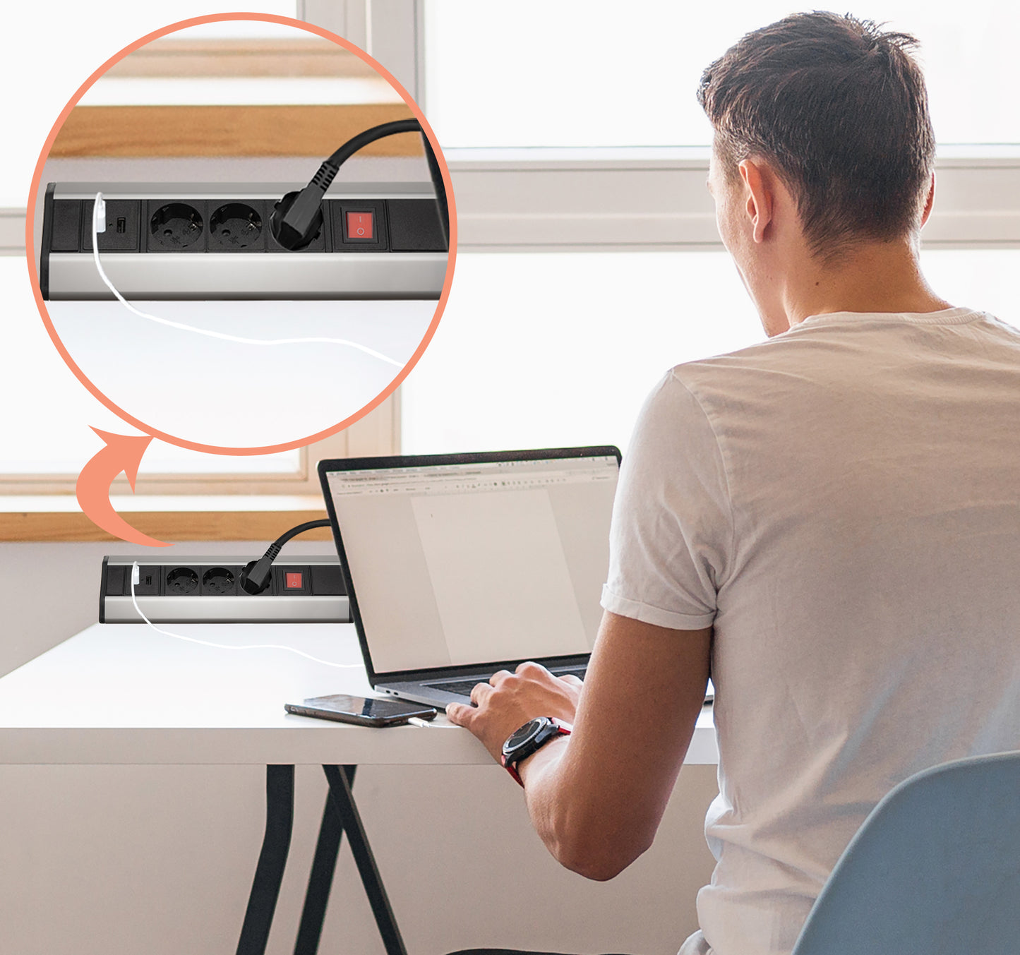 Möbel-Steckdose Schalter USB Tischsteckdose Küche Büro Steckdosenleiste 2m Kabel