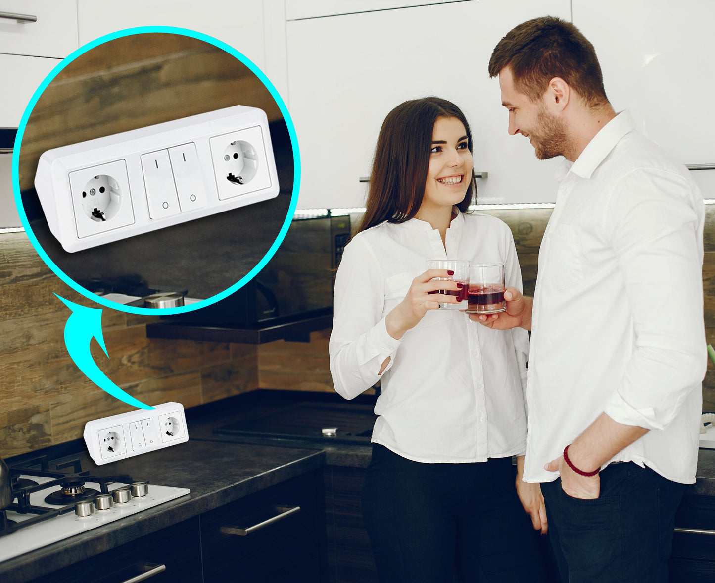 Möbel-Steckdose Küche Büro 2er Schalter weiß Mehrfachsteckdose Steckdosenleiste