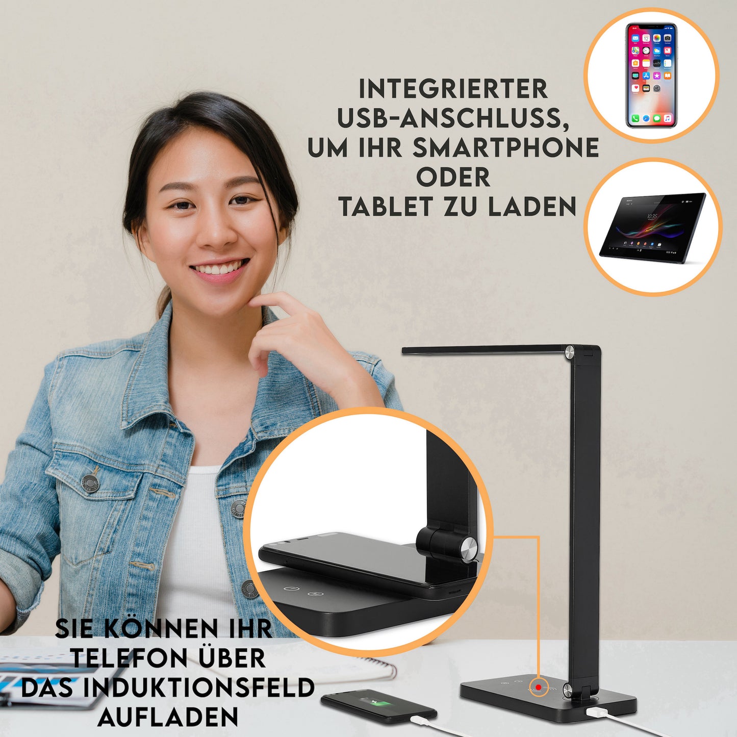 LED Schreibtisch-Lampe dimmbar Wireless Charging USB Touch Büro Tisch-Leuchte