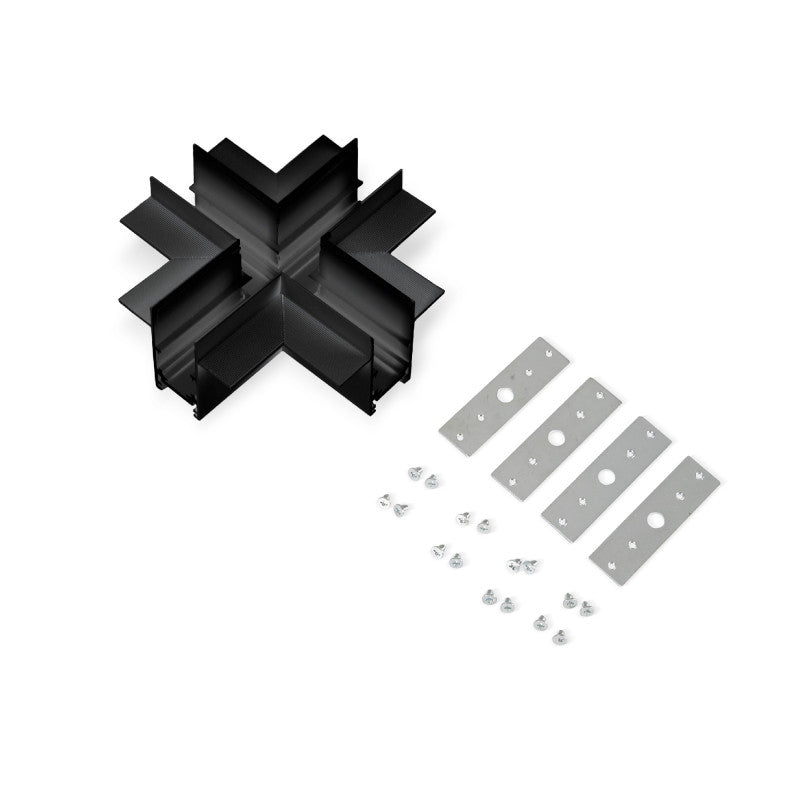 Trano Verbinder für 20 mm Einbau‑Magnetschienen – L, T & X – 90° Verbindungen, Aluminium, IP20, Schwarz, inkl. Montagezubehör, magnetisches 48V System