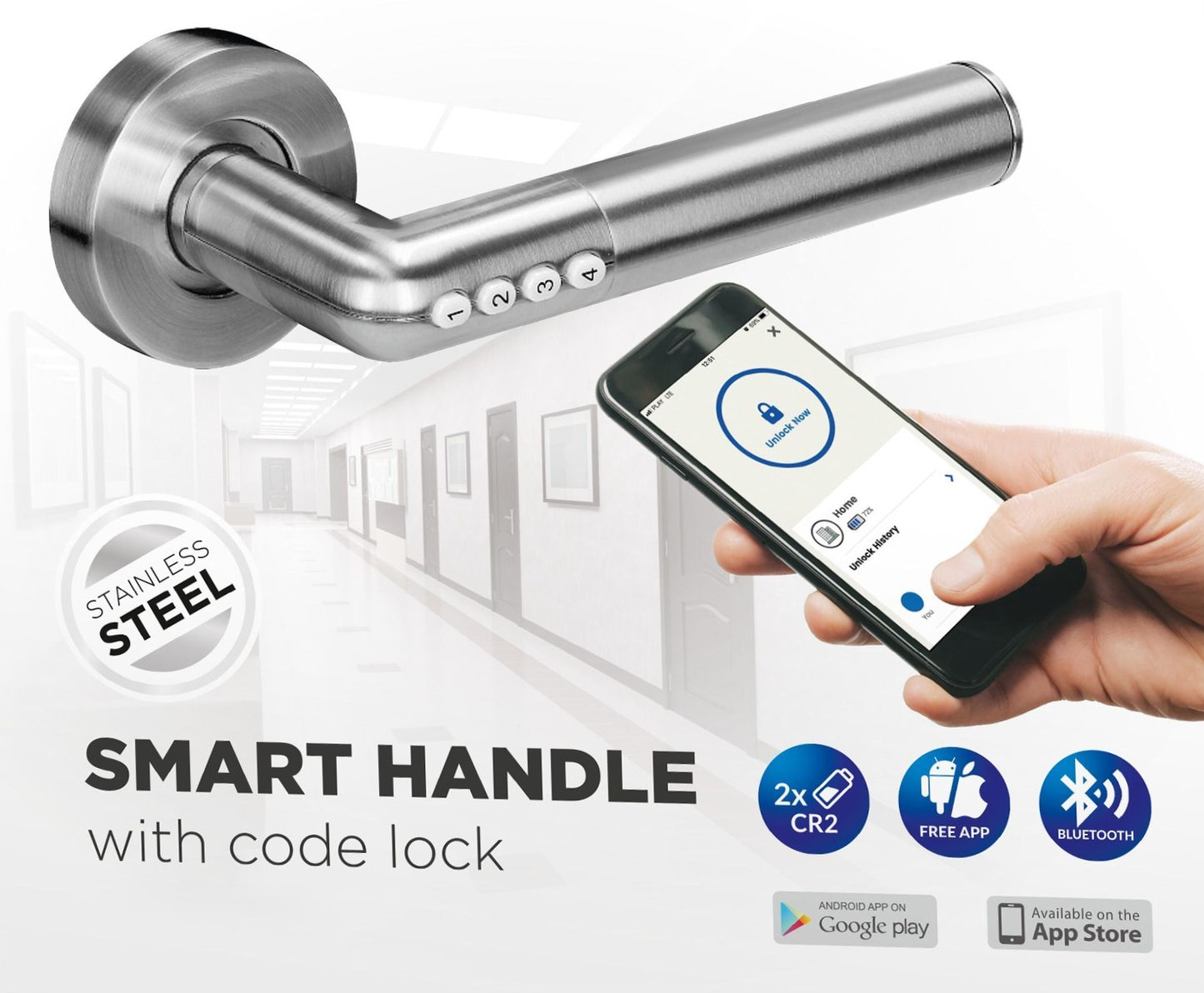 Trano Smart Griff, Elektronische Drückergarnitur mit PIN & Bluetooth 4.0 – IP44, für Türen 38–58 mm, schwarz oder silber, beleuchtet, 2×CR2