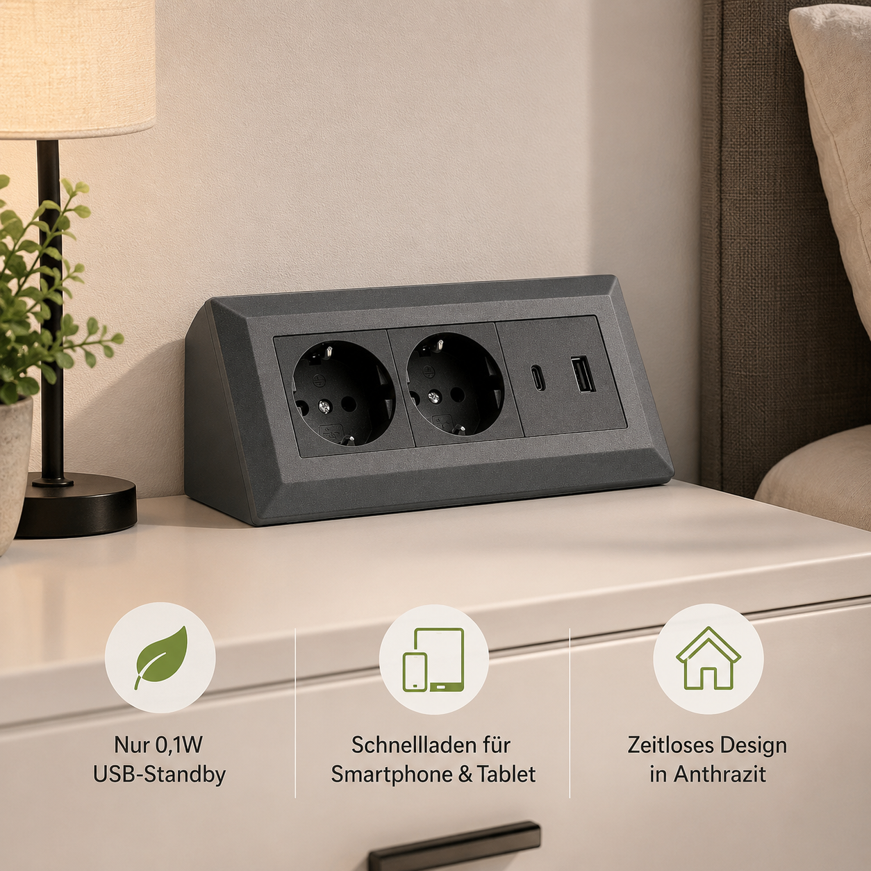 2-fach Steckdosenblock mit USB-A & USB-C – Praktische Stromversorgung in stilvollen Farben