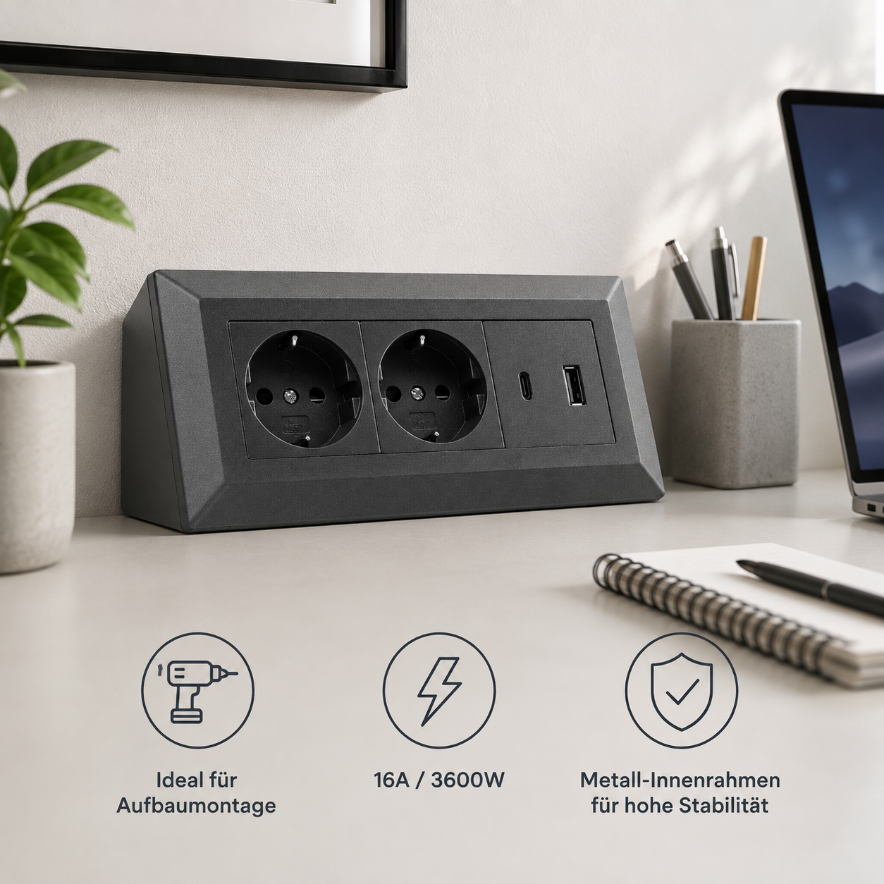 2-fach Steckdosenblock mit USB-A & USB-C – Praktische Stromversorgung in stilvollen Farben