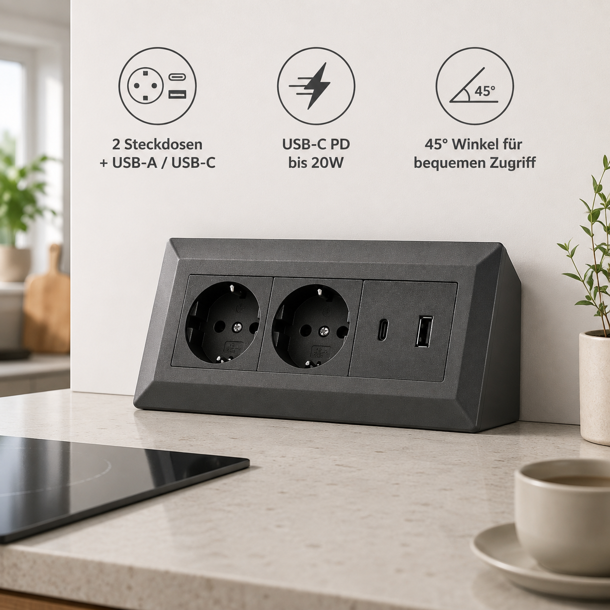 2-fach Steckdosenblock mit USB-A & USB-C – Praktische Stromversorgung in stilvollen Farben