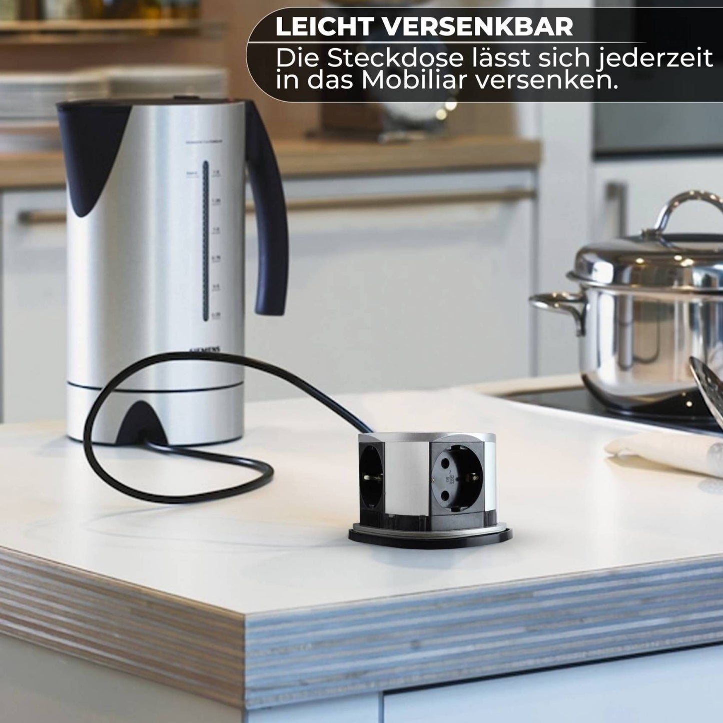 Trano Einbausteckdose Ø10cm, 3x Schuko Typ F, 2x USB A+C 3A, 1,5m Kabel, Aluminium Silber, 3680W, IP20