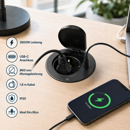 Einbausteckdose mit USB-C, schwarz, 230V AC, 3600W, IP20, Ø72mm, 1,8m Kabel