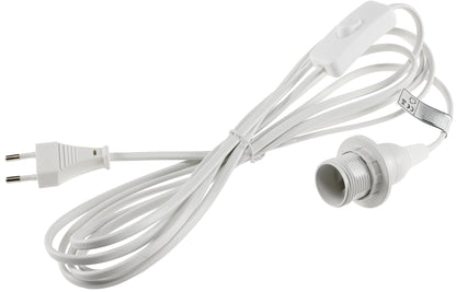 Netzkabel mit Schalter & E14 Fassung – 3,4m weiß – Lampenkabel für DIY Hängelampen, max. 100W, Ø28mm Einbau – 1,4m Stecker + 2m Kabel zur Fassung
