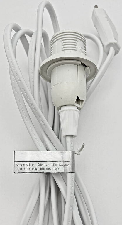 Netzkabel mit Schalter & E14 Fassung – 3,4m weiß – Lampenkabel für DIY Hängelampen, max. 100W, Ø28mm Einbau – 1,4m Stecker + 2m Kabel zur Fassung