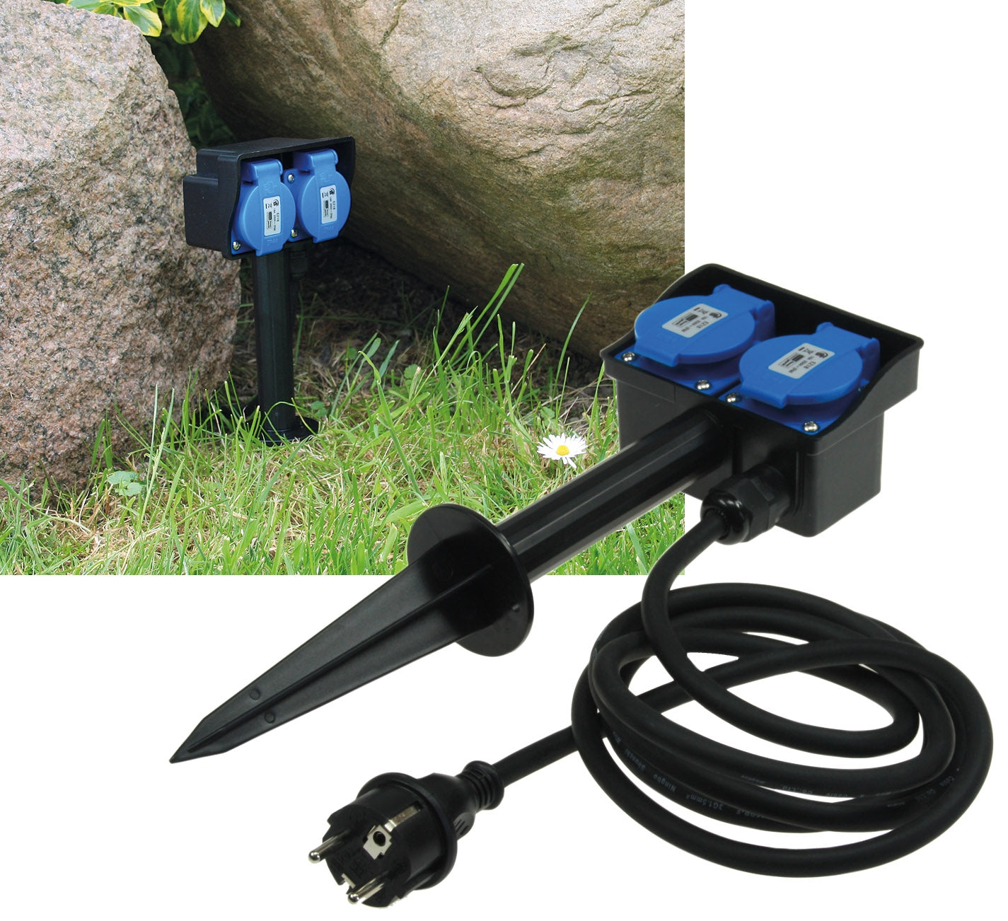 Elegante Gartensteckdose mit Erdspieß, 2-fach oder 4-fach, 2m oder 10m Kabel, IP44, 230V