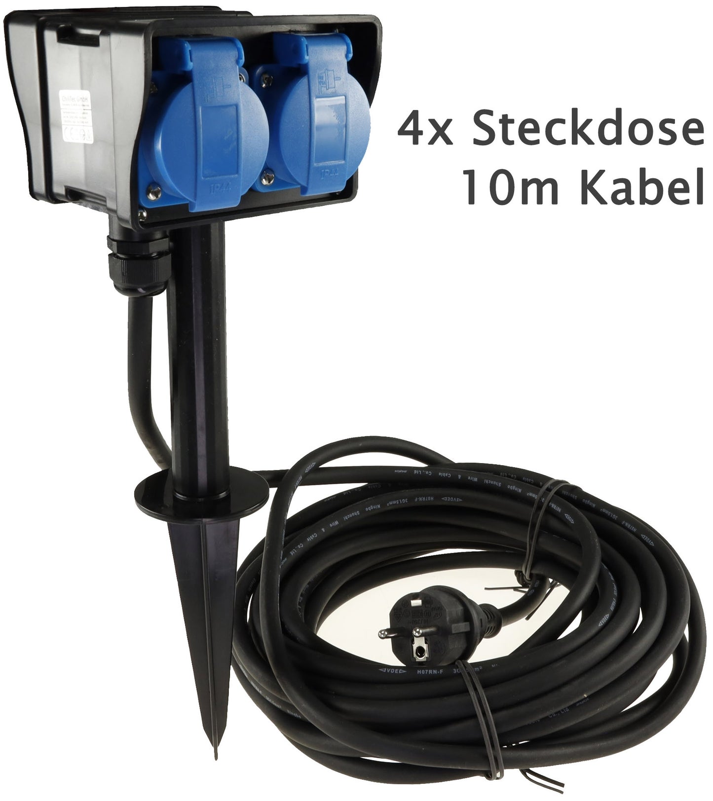 Elegante Gartensteckdose mit Erdspieß, 2-fach oder 4-fach, 2m oder 10m Kabel, IP44, 230V
