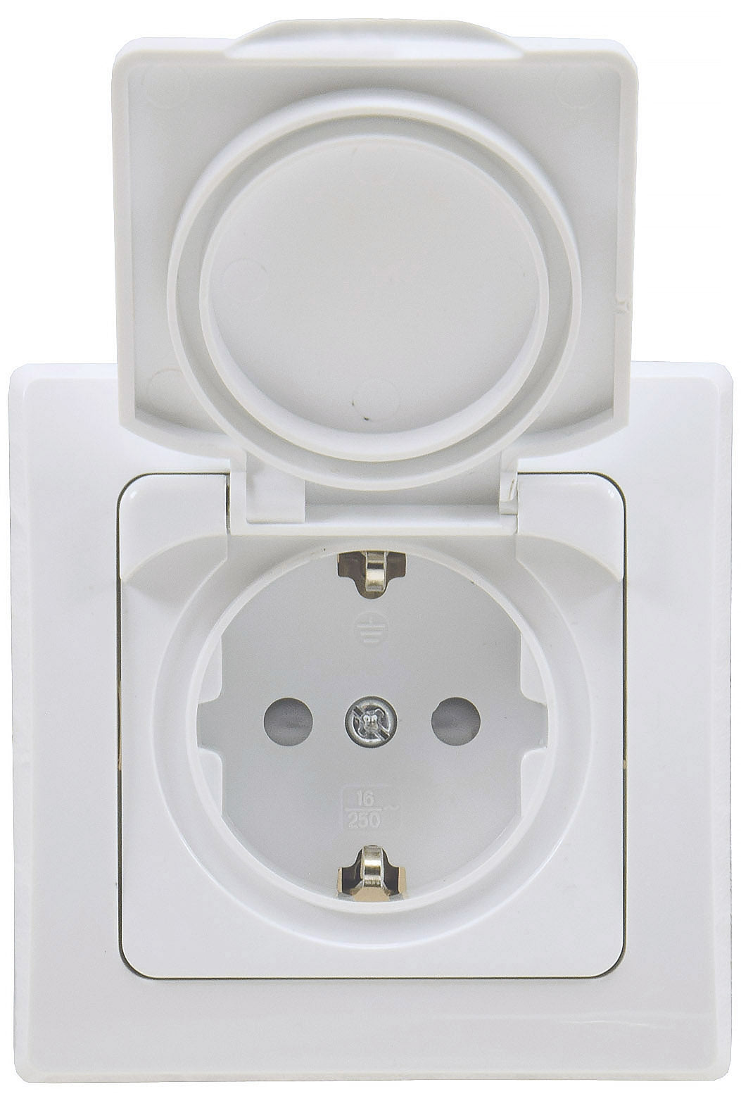 Trano Schutzkontakt-Steckdose IP44 250V~/16A inkl. Rahmen UP weiß & silber | Spritzwassergeschützt, Klapp-Deckel, 80x80mm
