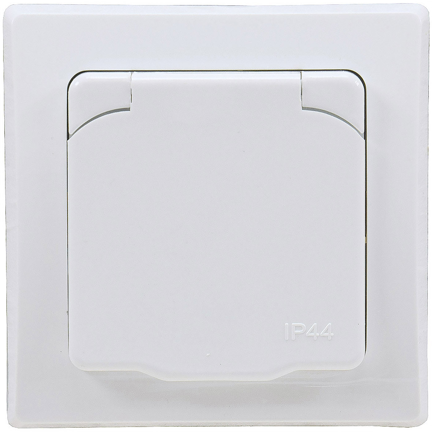 Trano Schutzkontakt-Steckdose IP44 250V~/16A inkl. Rahmen UP weiß & silber | Spritzwassergeschützt, Klapp-Deckel, 80x80mm