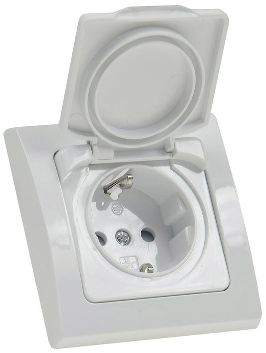Trano Schutzkontakt-Steckdose IP44 250V~/16A inkl. Rahmen UP weiß & silber | Spritzwassergeschützt, Klapp-Deckel, 80x80mm