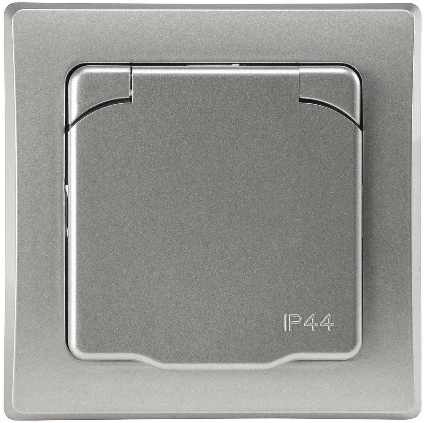 Trano Schutzkontakt-Steckdose IP44 250V~/16A inkl. Rahmen UP weiß & silber | Spritzwassergeschützt, Klapp-Deckel, 80x80mm