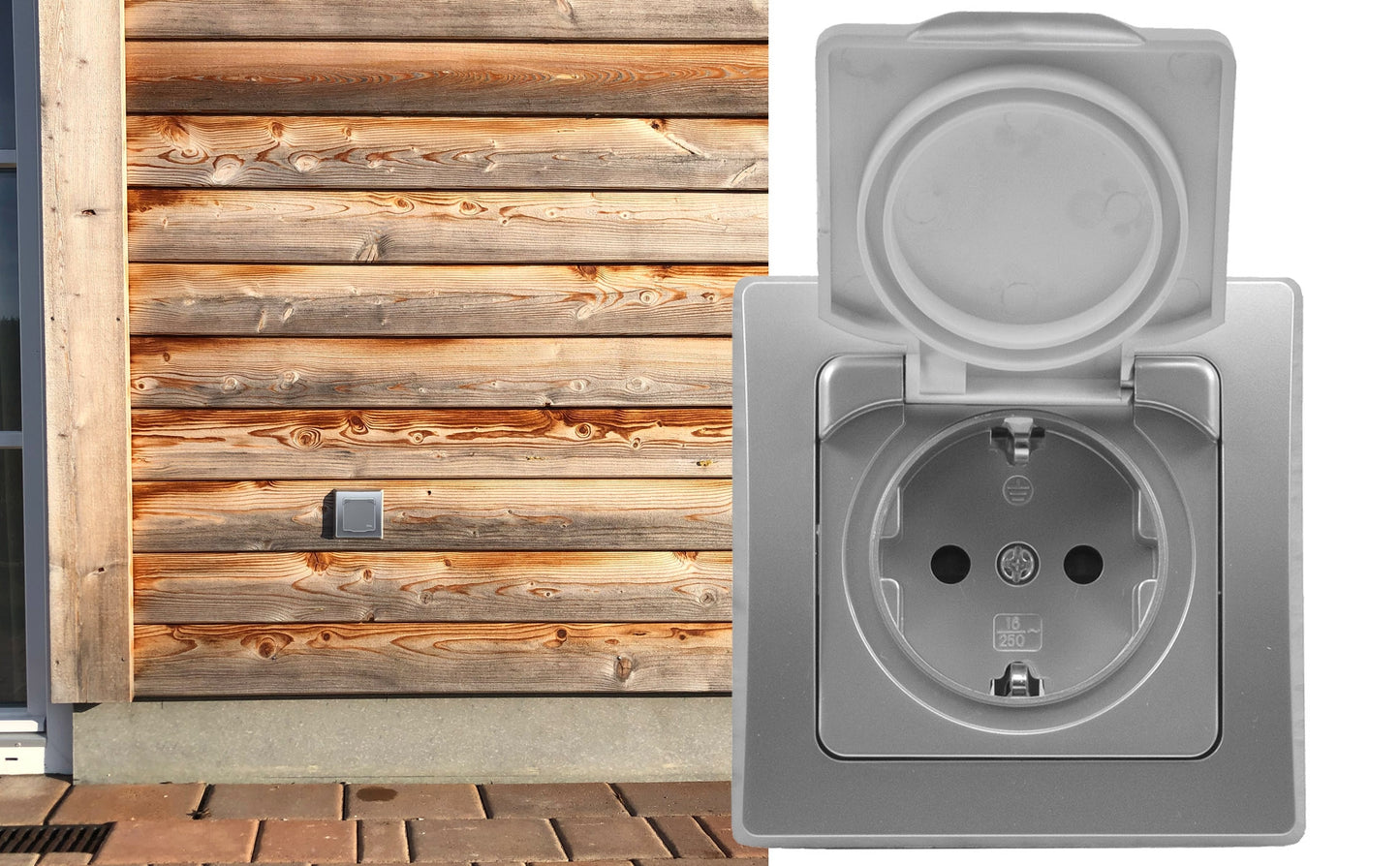 Trano Schutzkontakt-Steckdose IP44 250V~/16A inkl. Rahmen UP weiß & silber | Spritzwassergeschützt, Klapp-Deckel, 80x80mm