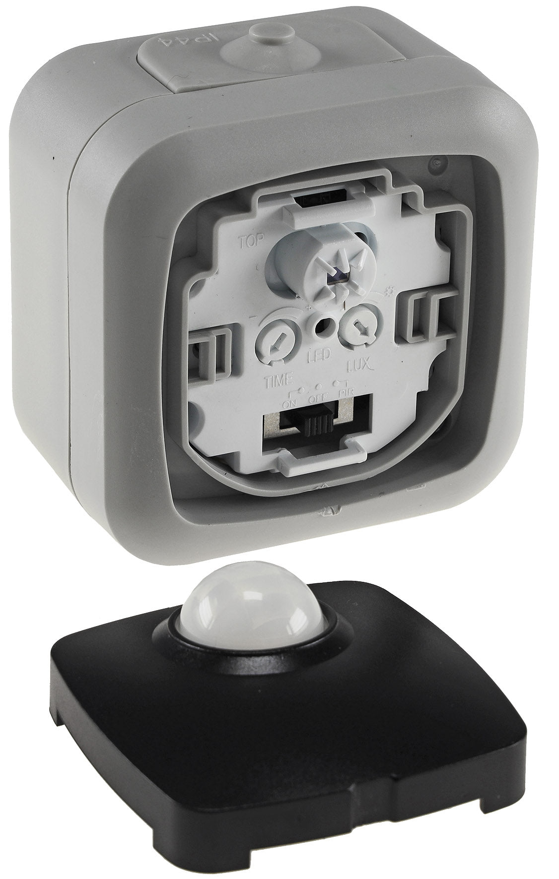 Trano Feuchtraum PIR Bewegungsmelder IP54, 250V~ 2-500W, 120°/6m, Dämmerungssensor 2-1000Lux, inkl. AP-Rahmen, grau
