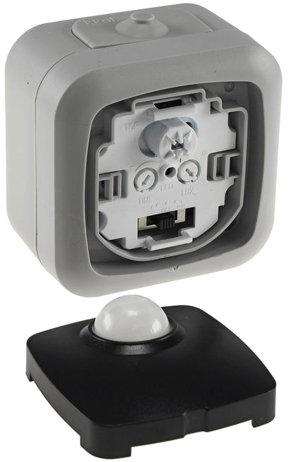 Trano Feuchtraum PIR Bewegungsmelder IP54, 250V~ 2-500W, 120°/6m, Dämmerungssensor 2-1000Lux, inkl. AP-Rahmen, grau