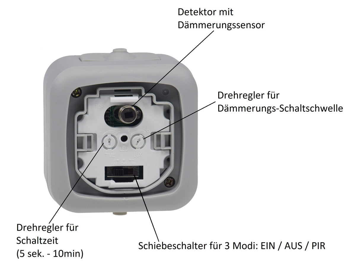 Trano Feuchtraum PIR Bewegungsmelder IP54, 250V~ 2-500W, 120°/6m, Dämmerungssensor 2-1000Lux, inkl. AP-Rahmen, grau