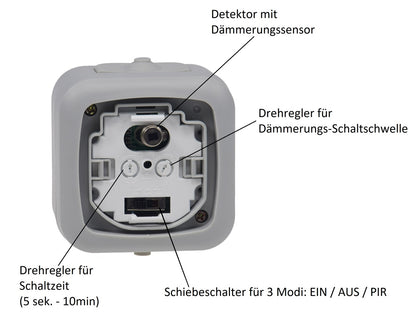 Trano Feuchtraum PIR Bewegungsmelder IP54, 250V~ 2-500W, 120°/6m, Dämmerungssensor 2-1000Lux, inkl. AP-Rahmen, grau