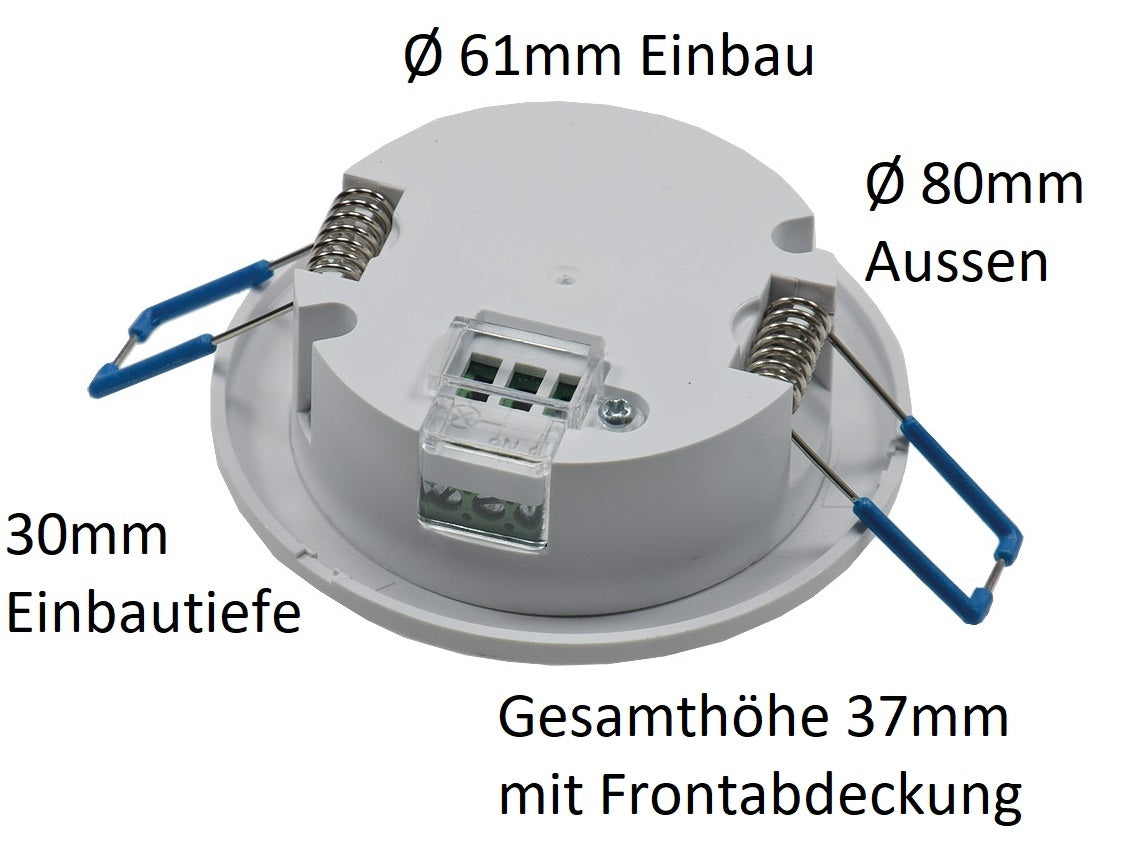 Trano 360° Decken-Einbau-Bewegungsmelder FLAT PIR, LED geeignet, 8m Reichweite, Ø80x30mm, 230V, IP20, einstellbar, inkl. Aufputz-Adapter