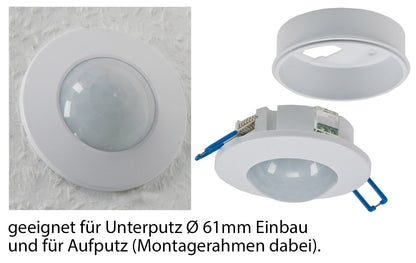Trano 360° Decken-Einbau-Bewegungsmelder FLAT PIR, LED geeignet, 8m Reichweite, Ø80x30mm, 230V, IP20, einstellbar, inkl. Aufputz-Adapter
