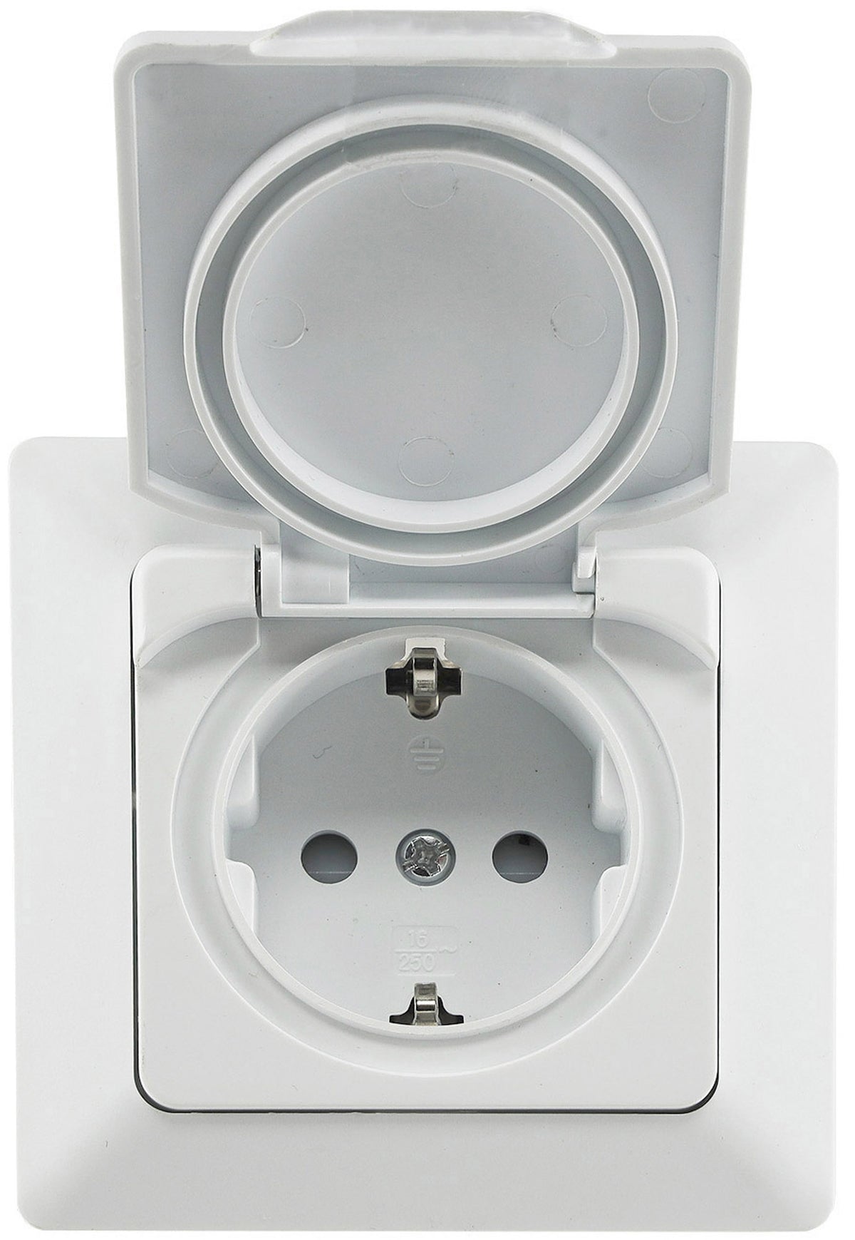 Trano Schutzkontakt-Steckdose IP44 250V~/16A inkl. Rahmen UP weiß matt & anthrazit, spritzwassergeschützt, 80x80mm