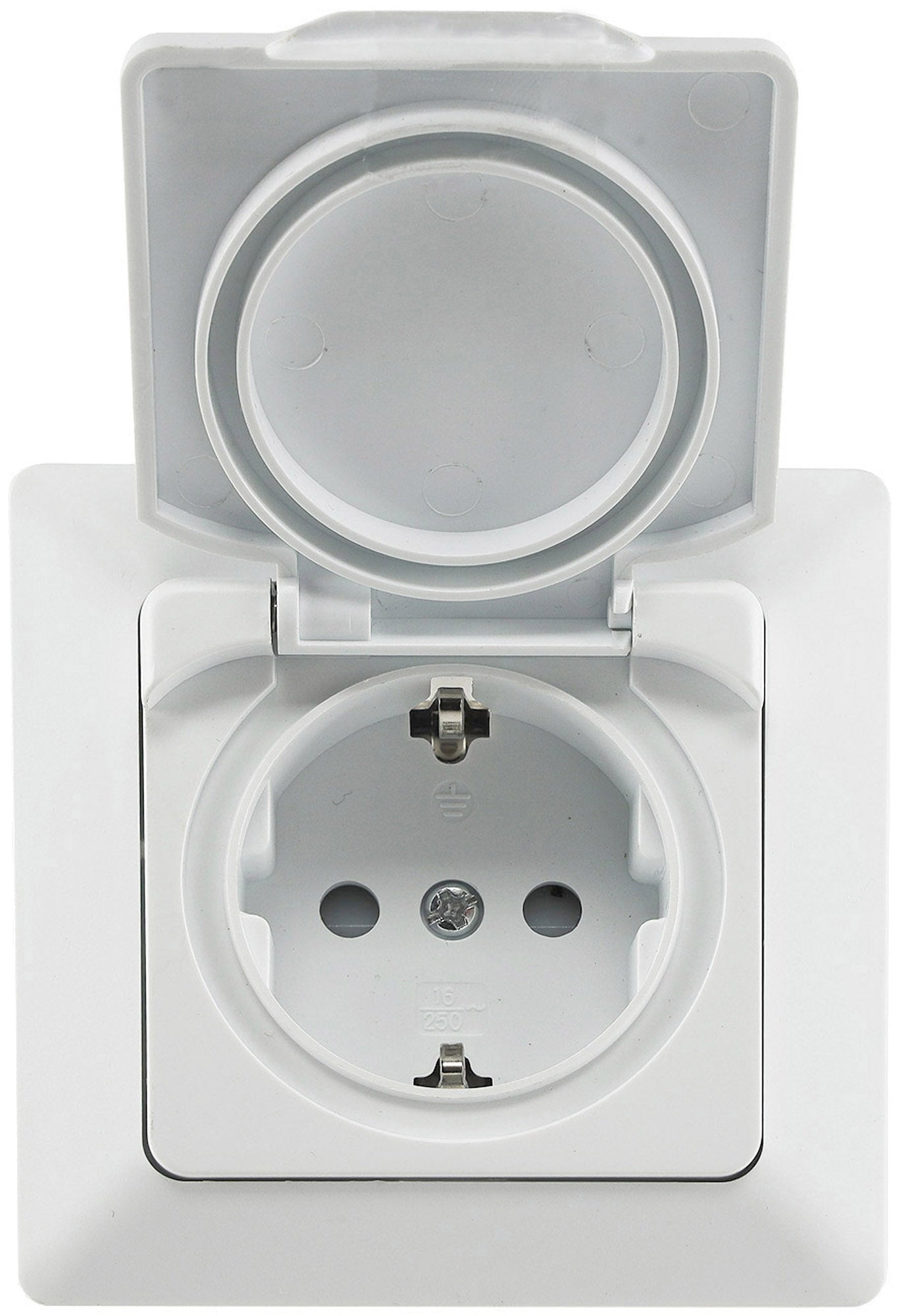 Trano Schutzkontakt-Steckdose IP44 250V~/16A inkl. Rahmen UP weiß matt & anthrazit, spritzwassergeschützt, 80x80mm