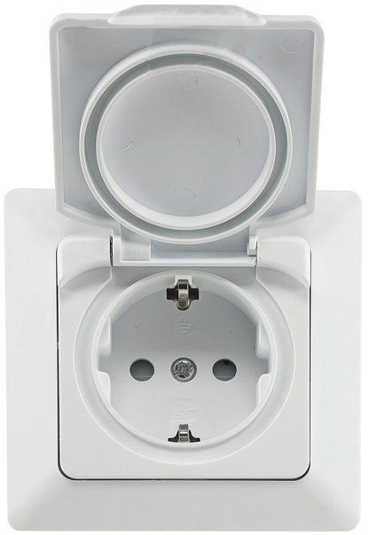 Trano Schutzkontakt-Steckdose IP44 250V~/16A inkl. Rahmen UP weiß matt & anthrazit, spritzwassergeschützt, 80x80mm