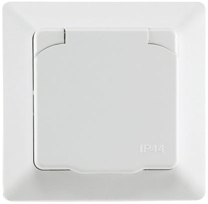 Trano Schutzkontakt-Steckdose IP44 250V~/16A inkl. Rahmen UP weiß matt & anthrazit, spritzwassergeschützt, 80x80mm