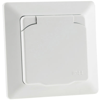 Trano Schutzkontakt-Steckdose IP44 250V~/16A inkl. Rahmen UP weiß matt & anthrazit, spritzwassergeschützt, 80x80mm