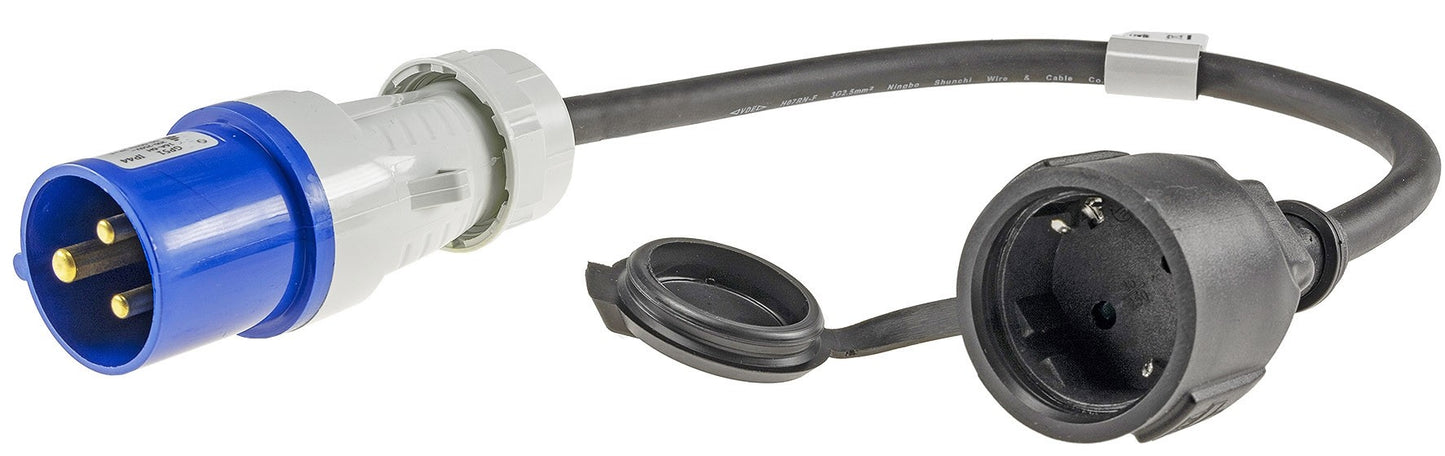 Trano CEE Adapter 230V 16A IP44 – Schutzkontakt-Stecker/Kupplung auf CEE – 0,35m H07RN-F 3G2,5 – Camping Wohnwagen Caravan