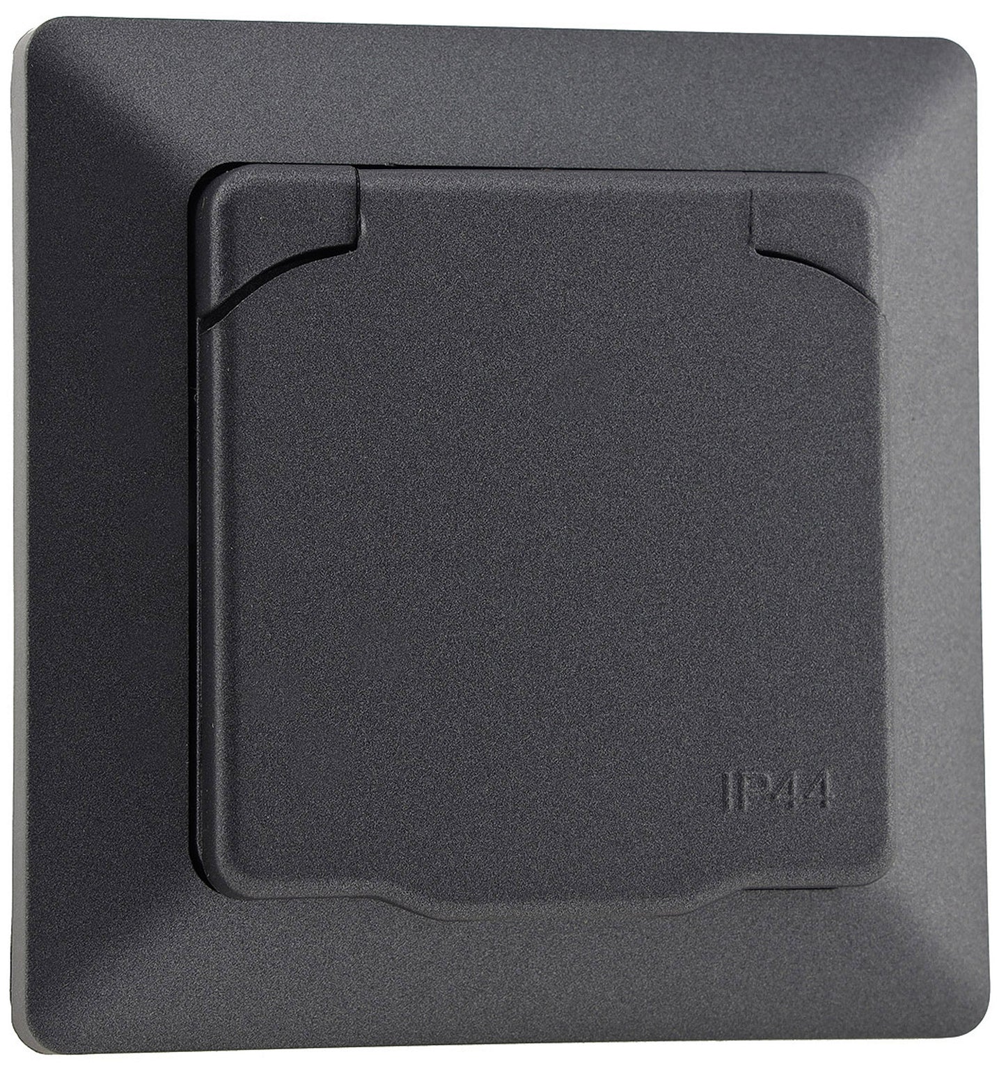 Trano Schutzkontakt-Steckdose IP44 250V~/16A inkl. Rahmen UP weiß matt & anthrazit, spritzwassergeschützt, 80x80mm