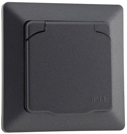Trano Schutzkontakt-Steckdose IP44 250V~/16A inkl. Rahmen UP weiß matt & anthrazit, spritzwassergeschützt, 80x80mm