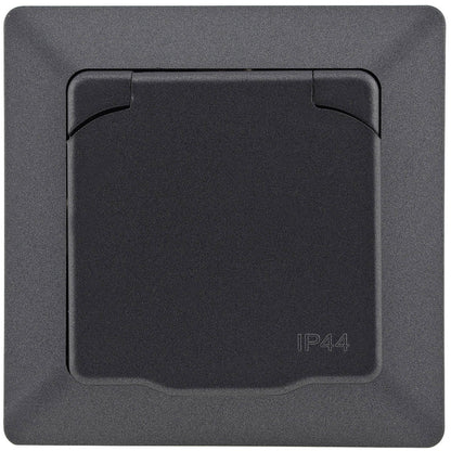 Trano Schutzkontakt-Steckdose IP44 250V~/16A inkl. Rahmen UP weiß matt & anthrazit, spritzwassergeschützt, 80x80mm