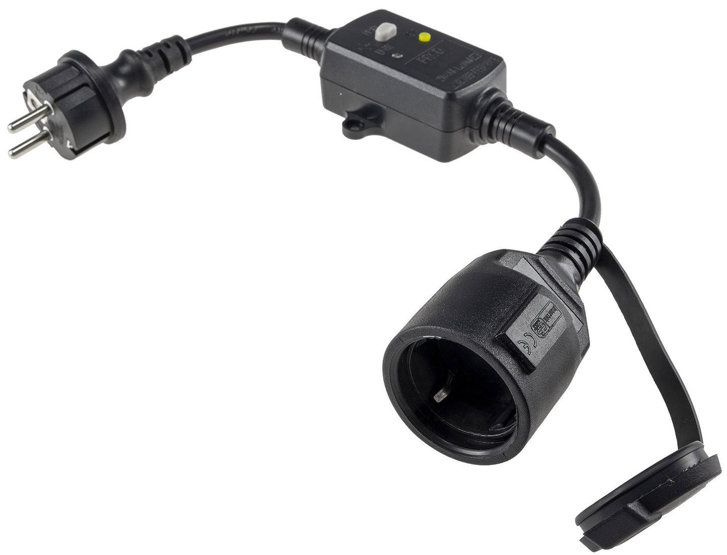 Fehlerstromschutzadapter IP44 250V 16A | Zwischenstecker mit FI-Schalter 30mA | Personenschutz für Außenbereich, zweipolig, spritzwassergeschützt
