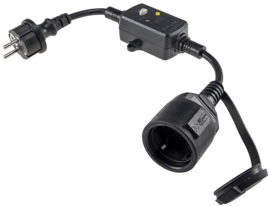 Fehlerstromschutzadapter IP44 250V 16A | Zwischenstecker mit FI-Schalter 30mA | Personenschutz für Außenbereich, zweipolig, spritzwassergeschützt