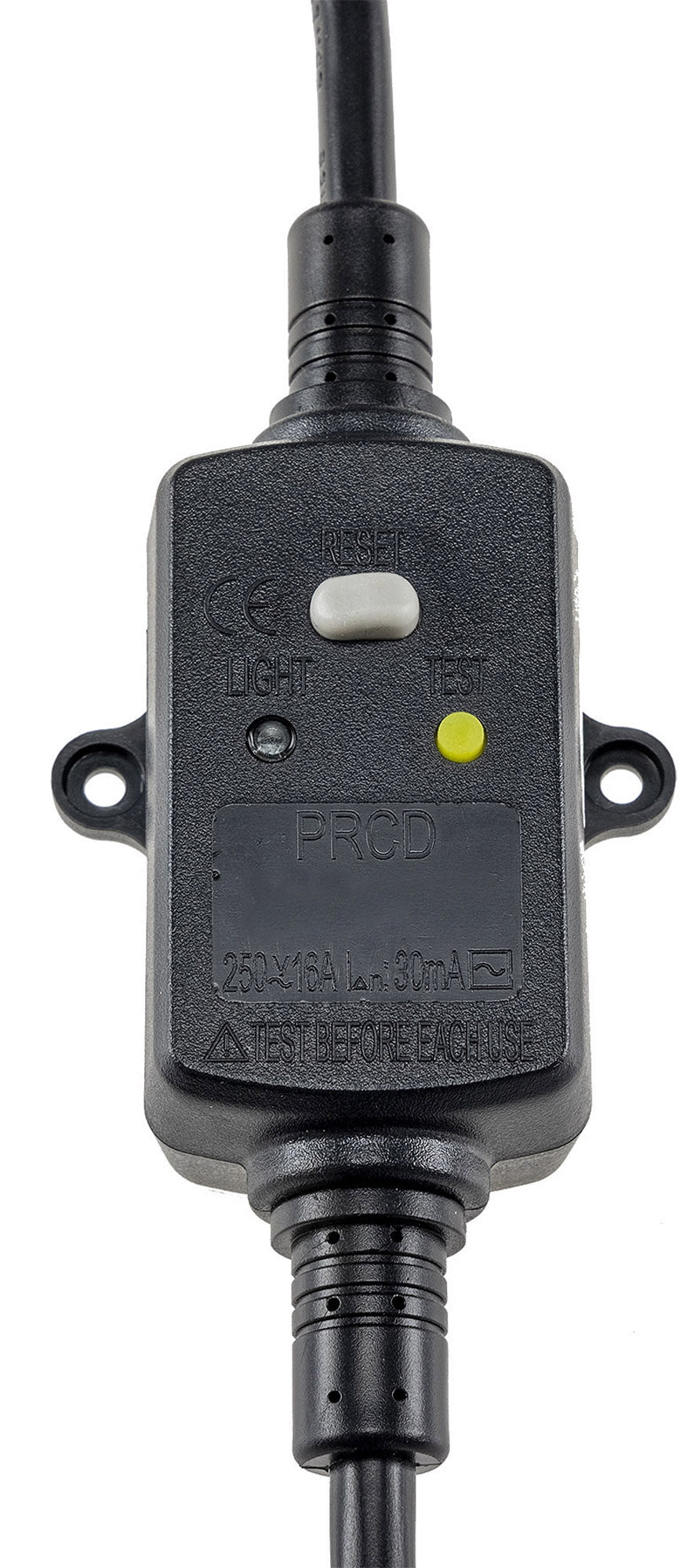 Fehlerstromschutzadapter IP44 250V 16A | Zwischenstecker mit FI-Schalter 30mA | Personenschutz für Außenbereich, zweipolig, spritzwassergeschützt