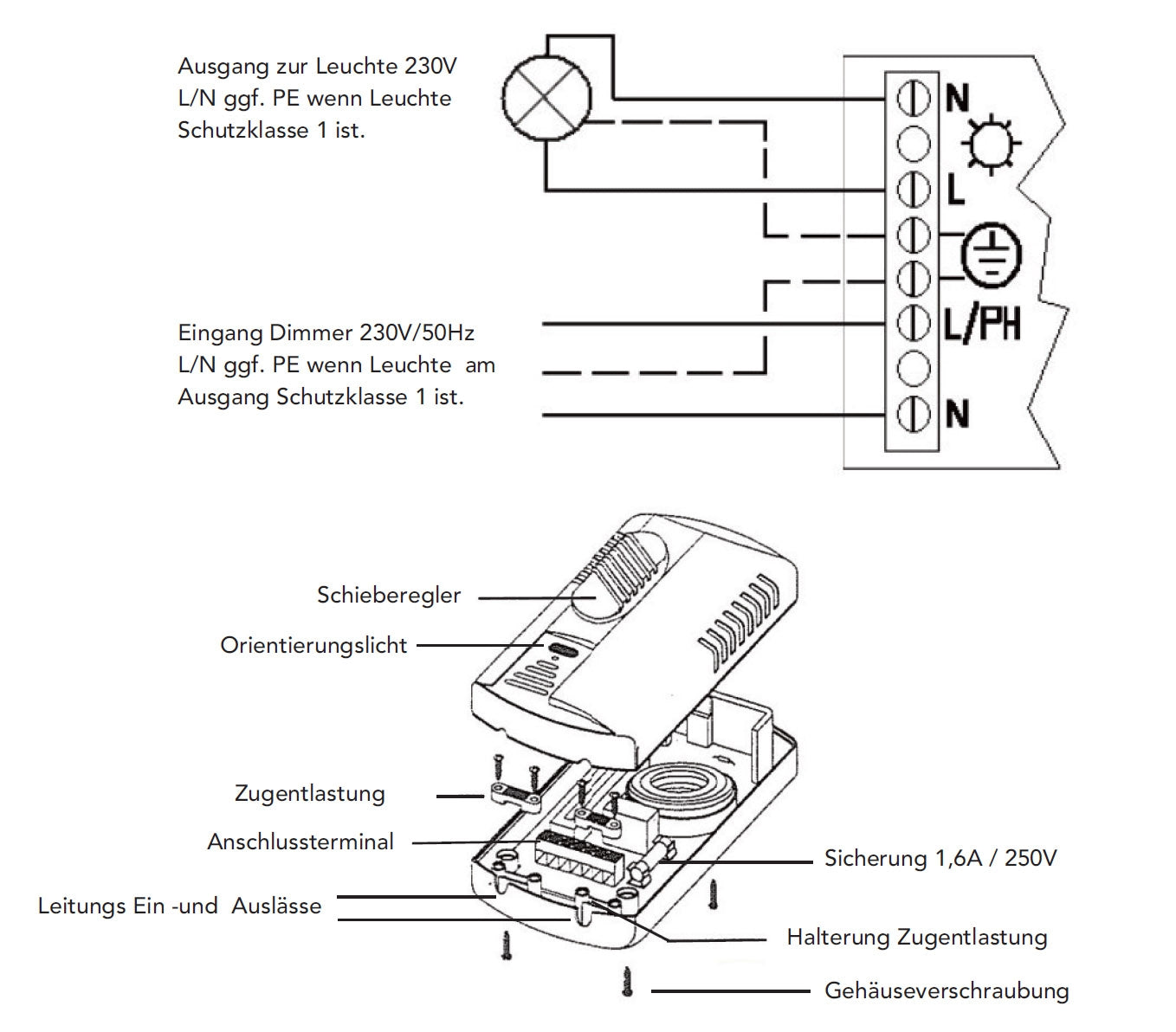 Trano Fußdimmer 230V für LED (3–100W) & Halogen (75–300W) | Phasenanschnitt | Dimmer mit 6-poligem Anschluss & Sicherung