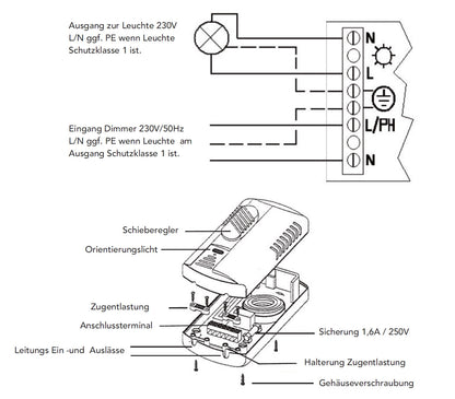 Trano Fußdimmer 230V für LED (3–100W) & Halogen (75–300W) | Phasenanschnitt | Dimmer mit 6-poligem Anschluss & Sicherung