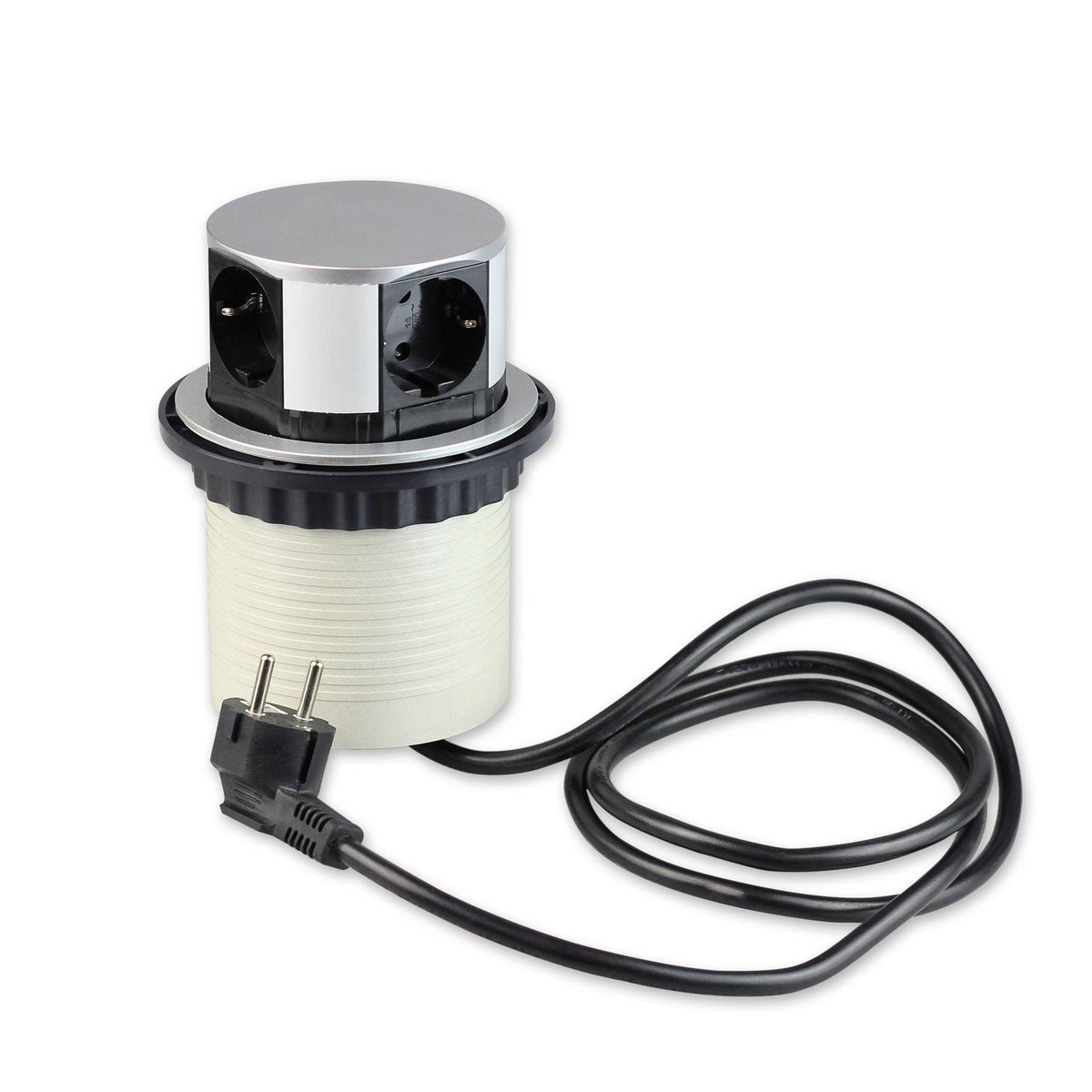 Trano Einbausteckdose Ø10cm, 3x Schuko Typ F, 2x USB A+C 3A, 1,5m Kabel, Aluminium Silber, 3680W, IP20