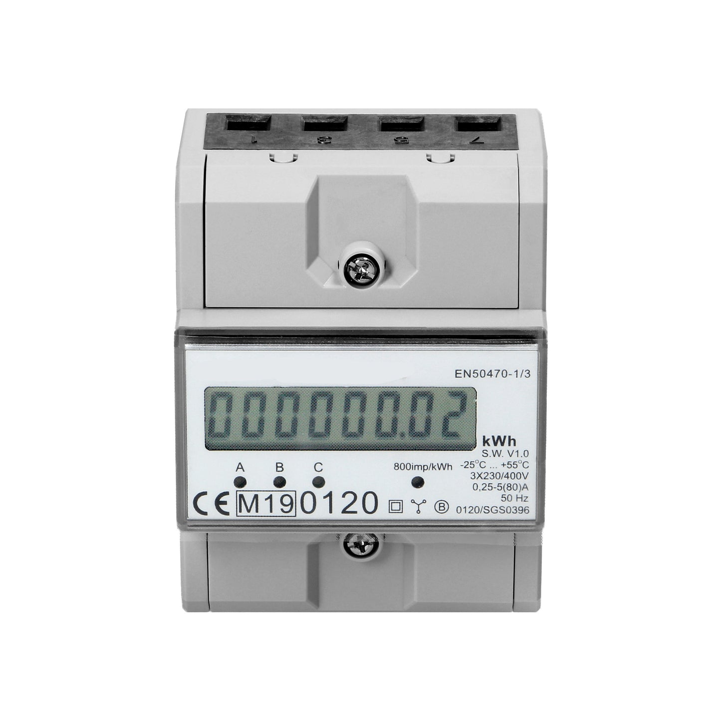 3-Phasen-Stromzähler weiß mit Display mit 800 IMP/KWH für DIN-Schiene