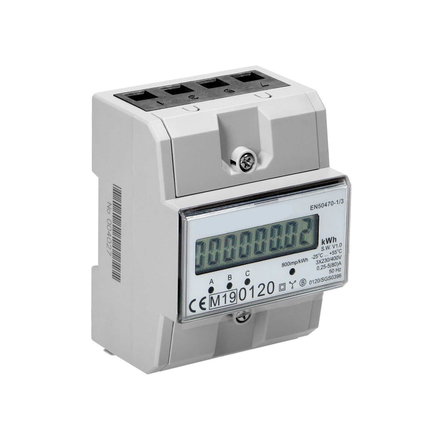 3-Phasen-Stromzähler weiß mit Display mit 800 IMP/KWH für DIN-Schiene