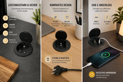 Einbausteckdose mit USB-C, schwarz, 230V AC, 3600W, IP20, Ø72mm, 1,8m Kabel