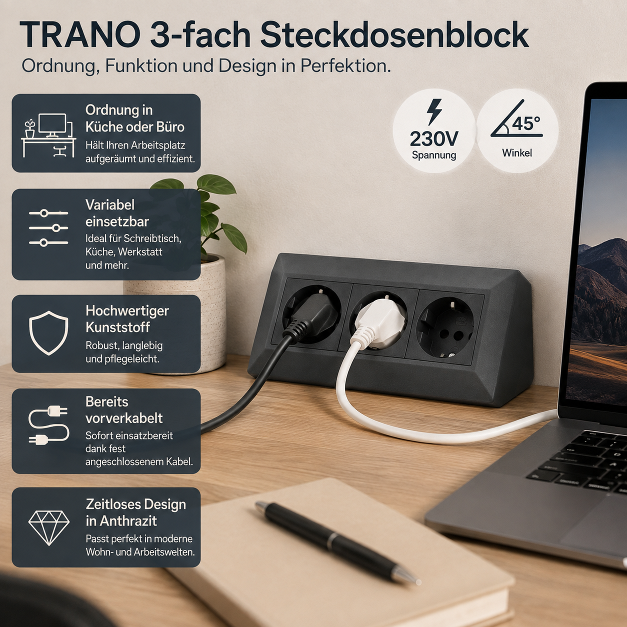 Steckdose Küche Büro 3-fach Kunststoff Ecksteckdose Tischsteckdose