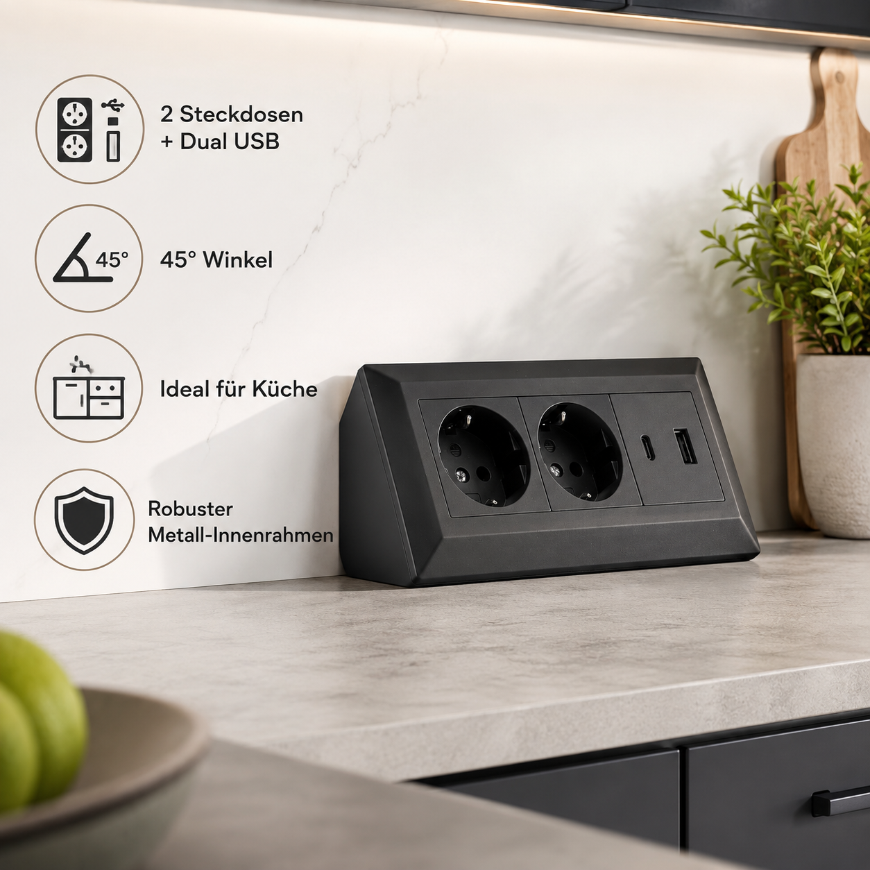 2-fach Steckdosenblock mit USB-A & USB-C – Praktische Stromversorgung in stilvollen Farben