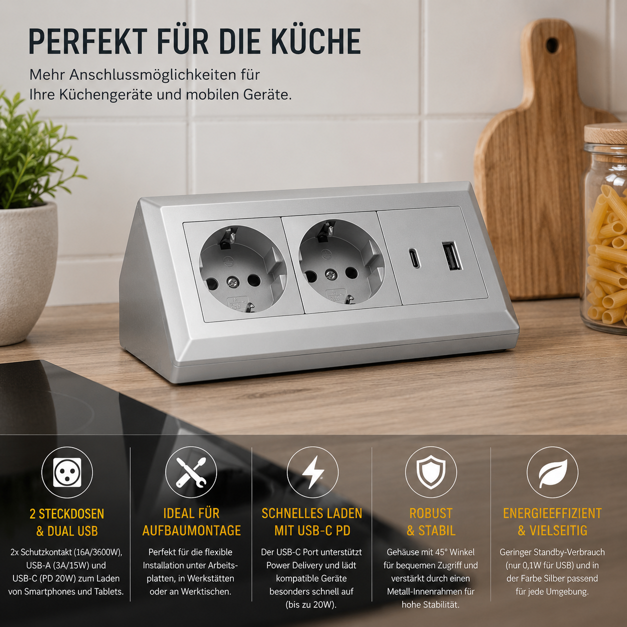 2-fach Steckdosenblock mit USB-A & USB-C – Praktische Stromversorgung in stilvollen Farben