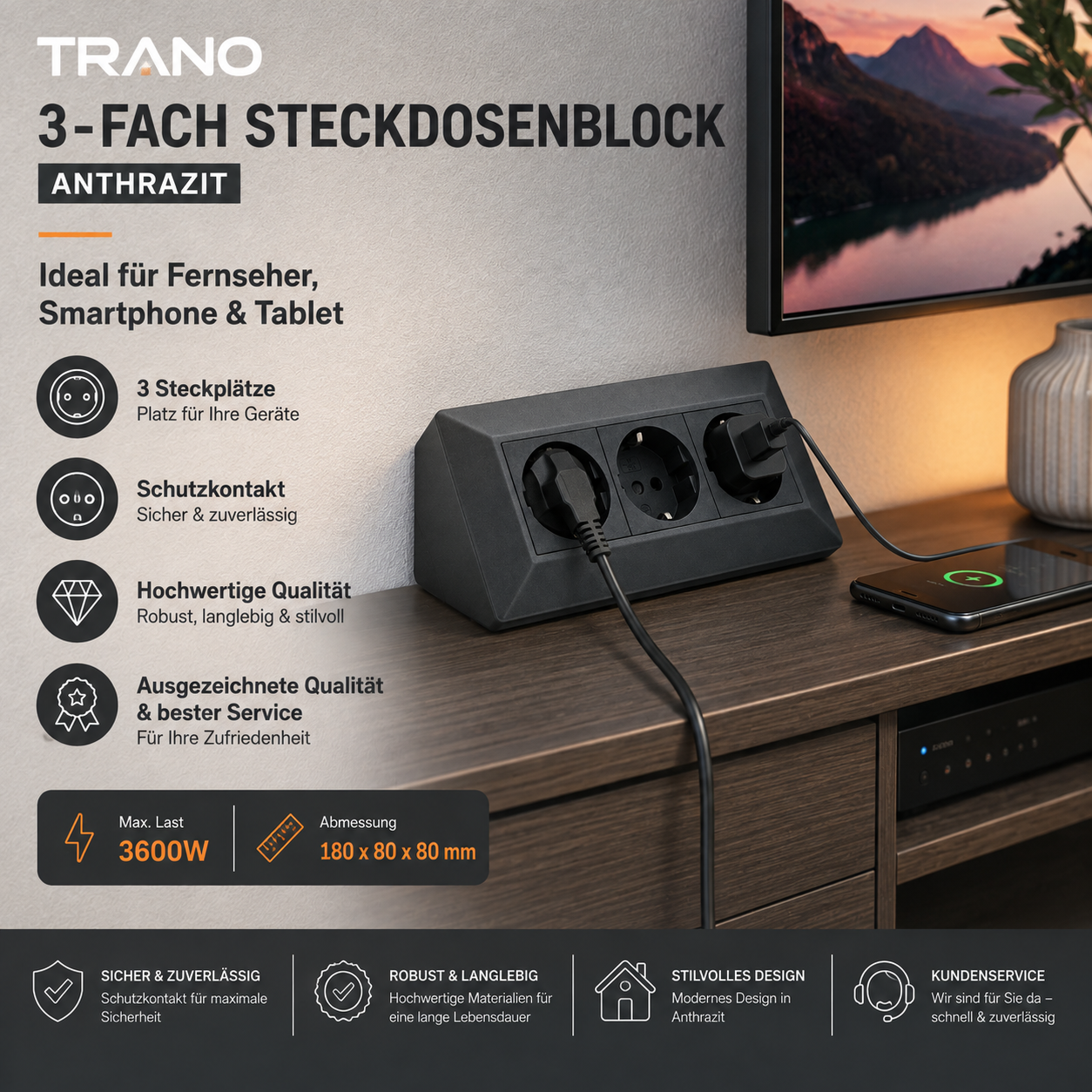 Steckdose Küche Büro 3-fach Kunststoff Ecksteckdose Tischsteckdose