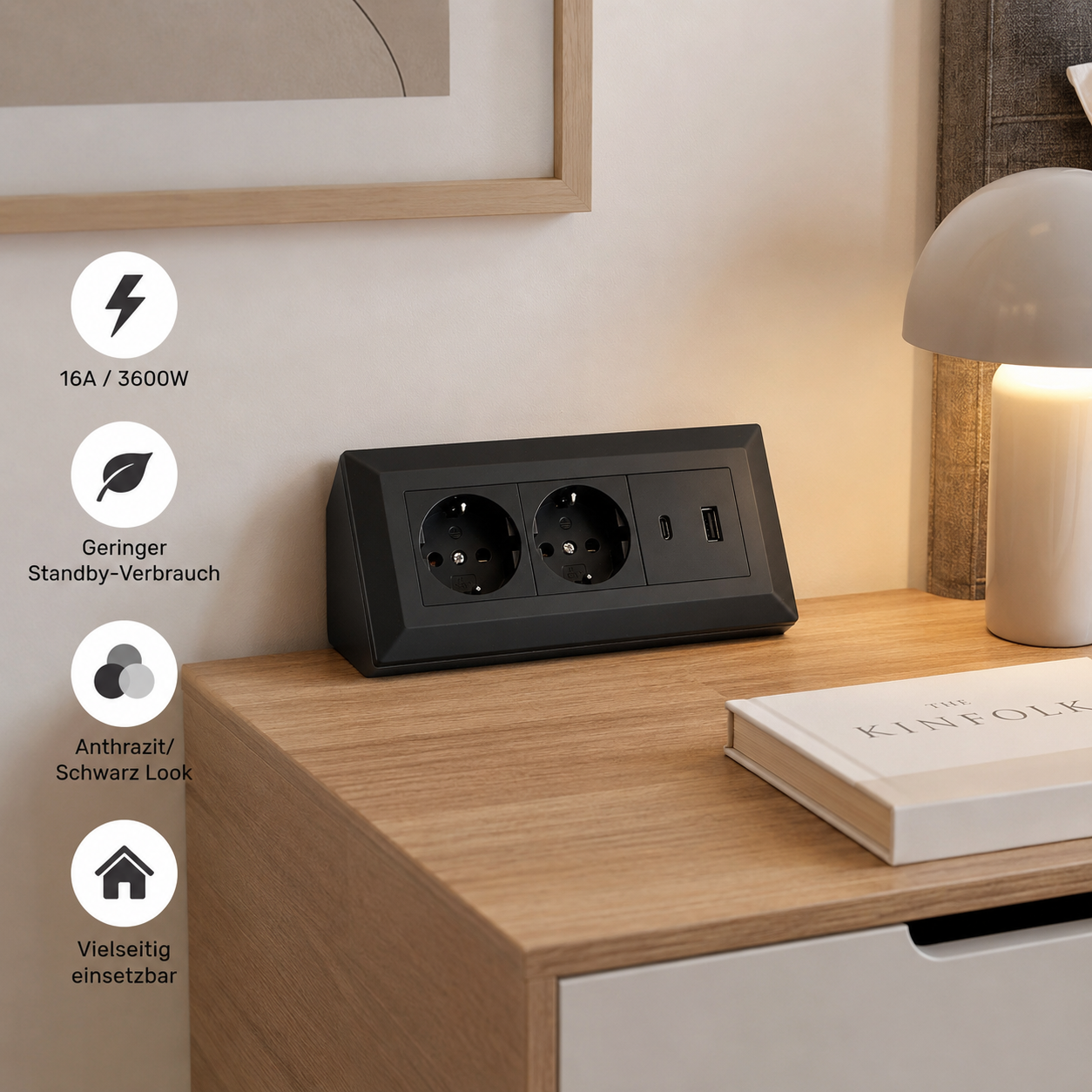 2-fach Steckdosenblock mit USB-A & USB-C – Praktische Stromversorgung in stilvollen Farben