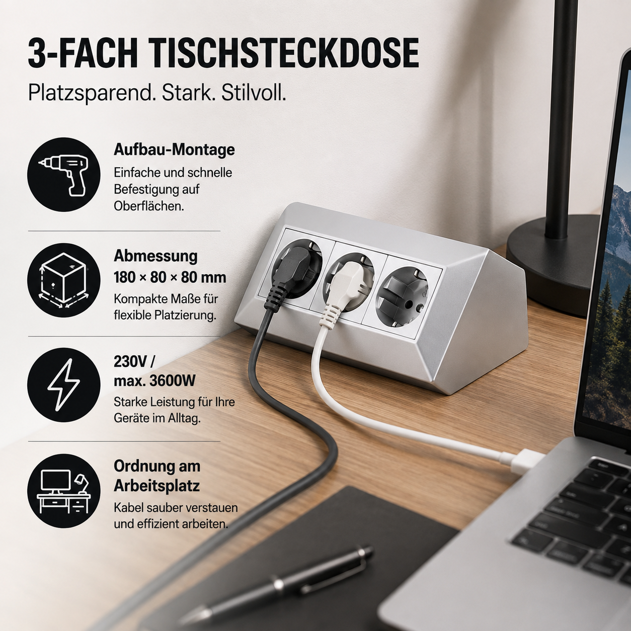 Steckdose Küche Büro 3-fach Kunststoff Ecksteckdose Tischsteckdose
