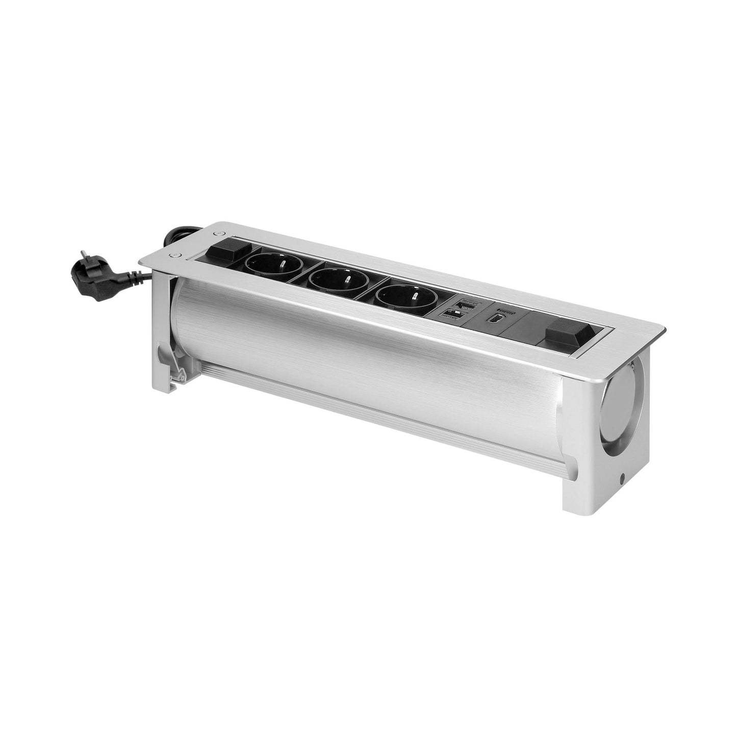 Trano Einbau-Steckdose Schuko 3x, 2x RJ45 CAT5E, 1x HDMI 2.0, 230V, 3680W, Aluminium Silber, flacher Rand, 180° Öffnungsmechanismus